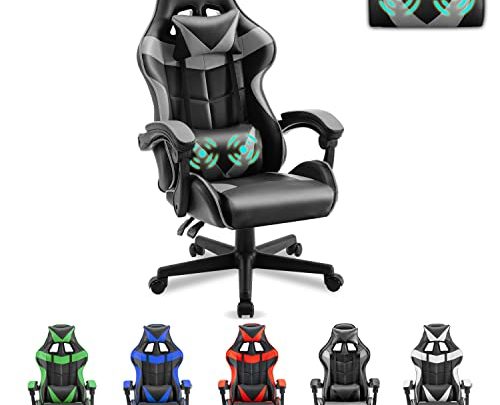 Soontrans Grey Gaming Chairs with Massage Lumbar Pillow,Game Chairs,Ergonomic Gamer Chair,Racing Video Game Chair for Adults Teens with High-Back,Adjustable Headrest…