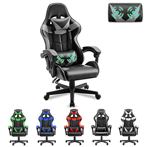 Soontrans Grey Gaming Chairs with Massage Lumbar Pillow,Game Chairs,Ergonomic Gamer Chair,Racing Video Game Chair for Adults Teens with High-Back,Adjustable Headrest…