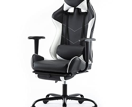 Office Gaming Chair, PU Leather Computer Chair, Comfortable Swivel Task Home Office Desk Chair High Back with Adjustable Footrest, Black/White