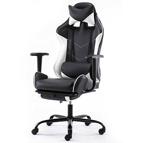 Office Gaming Chair, PU Leather Computer Chair, Comfortable Swivel Task Home Office Desk Chair High Back with Adjustable Footrest, Black/White