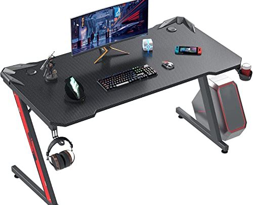 Shahoo Home Office, Gaming Desk 44 Inch Computer Table, Z Shaped Gamer Workstation with Carbon Fiber Surface Cup Holder &…