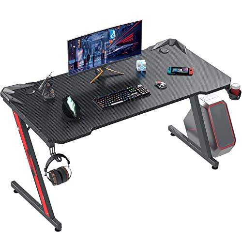 Shahoo Home Office, Gaming Desk 44 Inch Computer Table, Z Shaped Gamer Workstation with Carbon Fiber Surface Cup Holder &…