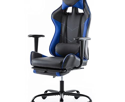 Office Gaming Chair, PU Leather Computer Chair, Comfortable Swivel Task Home Office Desk Chair High Back with Adjustable Footrest, Black/Blue