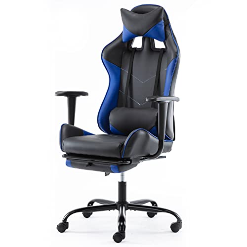 Office Gaming Chair, PU Leather Computer Chair, Comfortable Swivel Task Home Office Desk Chair High Back with Adjustable Footrest, Black/Blue