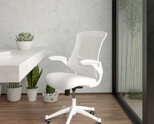 EMMA + OLIVER Mid-Back White Mesh Ergonomic Task Office Chair, White Frame – Flip-Up Arms