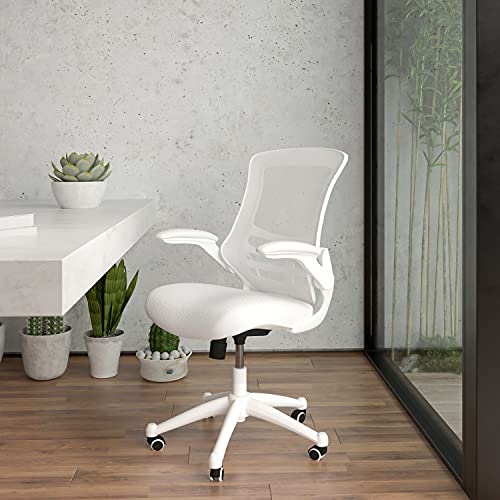 EMMA + OLIVER Mid-Back White Mesh Ergonomic Task Office Chair, White Frame – Flip-Up Arms