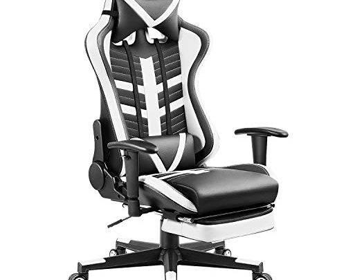 Homall Ergonomic High-Back Racing Chair | Leather Bucket Seat, Headrest, Footrest and Lumbar Support | Black & White