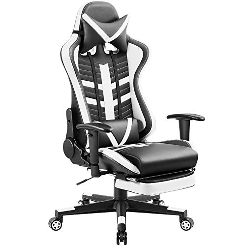 Homall Ergonomic High-Back Racing Chair | Leather Bucket Seat, Headrest, Footrest and Lumbar Support | Black & White