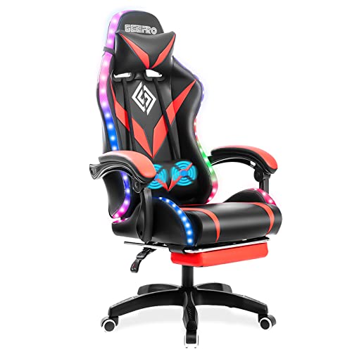 Geepro Gaming Chair with Massage and LED RGB Lights Ergonomic Computer Chair with Footrest High Back Video Game Chair with…