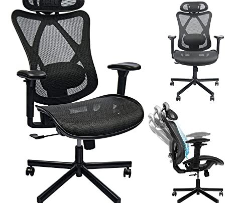 Mesh Office Chair, Ergonomic Office Chair with Adjustable Lumbar Support, Armrest, Headrest – Tilt High Back Desk Chair with Mute…