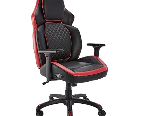 Amazon Basics Ergonomic Gaming Chair with Bluetooth Speakers and Built-in Mic, Push-Button Height Control – Red