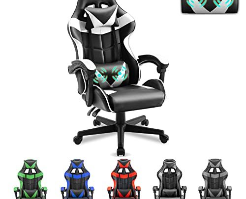 Soontrans Gaming Chairs White with Massage,Ergonomic Gamer Chair,Racing Game Chair,PC Computer Chair with High-Back,Adjustable Headrest and Lumbar Support (Polar White)