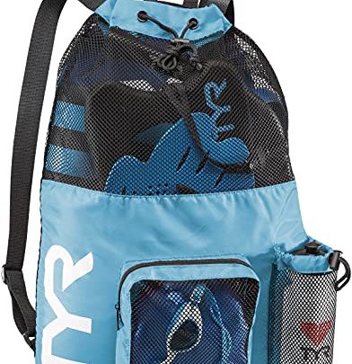 TYR Big Mesh Mummy Backpack for Swim, Gym and Workout Gear, Blue, 40-Liter Capacity
