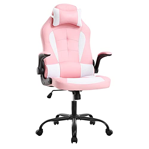PC Gaming Chair Ergonomic Office Chair Computer Desk Chair with Armrests Headrest and Lumbar Support High Back PU Leather Executive Racing Chair for Home (Pink)
