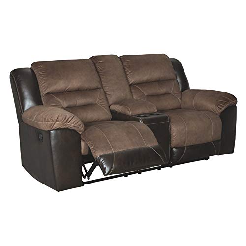 Signature Design by Ashley Earhart Faux Leather Manual Double Reclining Loveseat with Storage Console, Brown