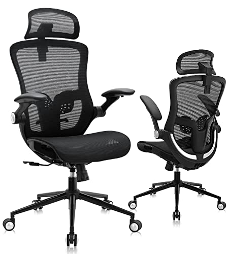 Office Chair, Ergonomic Mesh Office Chair, High Back Desk Chair with Adjustable Backrest, Flip-Up Arms, Headrest, Tilt Function, and Dynamic…