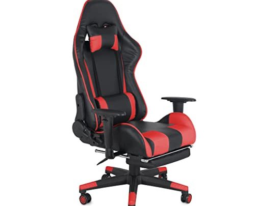 COMFTY Gaming Chair with Fold-Away Footrest, Height Adjustable Gamer Chair & Support Pillows and 2D T-Armrests Deluxe Leather Reclining Office…