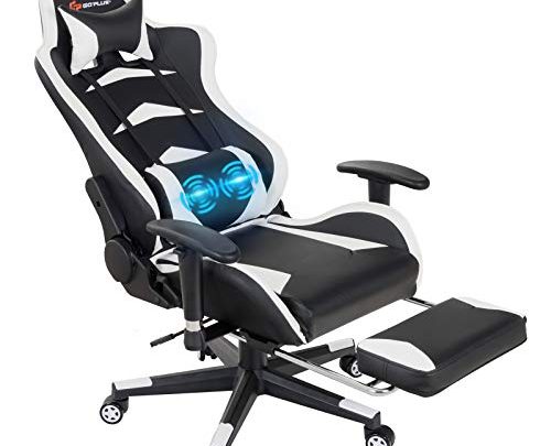 POWERSTONE Gaming Chair with Footrest – Massage Ergonomic Office Computer Game Racing E-Sports Chair Lumbar Massage Pillow Footrest Headrest High-Back…
