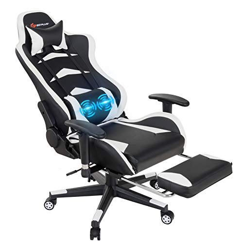 POWERSTONE Gaming Chair with Footrest – Massage Ergonomic Office Computer Game Racing E-Sports Chair Lumbar Massage Pillow Footrest Headrest High-Back…