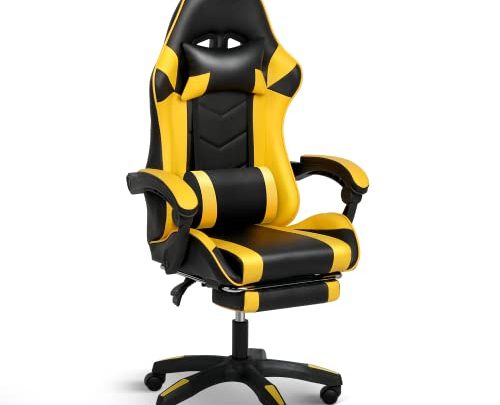 YSSOA FNGAMECHAIR01 Gaming Office High Back Computer Ergonomic Adjustable Swivel Chair with Headrest and Lumbar Support, with footrest, Black/Yellow