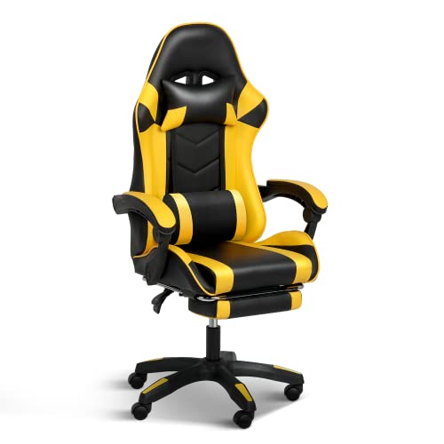 YSSOA FNGAMECHAIR01 Gaming Office High Back Computer Ergonomic Adjustable Swivel Chair with Headrest and Lumbar Support, with footrest, Black/Yellow