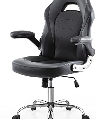 Office Gaming Chair – Ergonomic Computer Desk Chairs with Flip-up Armret, Executive Swivel Task Chairs, PU Leather, Thick Padding
