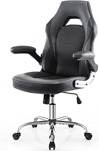 Office Gaming Chair – Ergonomic Computer Desk Chairs with Flip-up Armret, Executive Swivel Task Chairs, PU Leather, Thick Padding