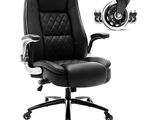 High Back Office Chair- Flip Arms Adjustable Built-in Lumbar Support, Executive Computer Desk Chair Work Chairs, Thick Padded Strong Metal…