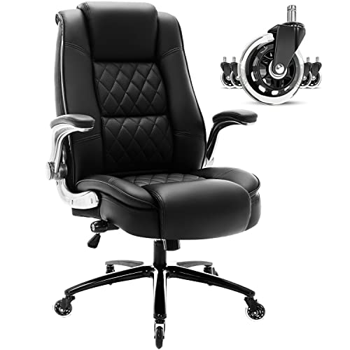High Back Office Chair- Flip Arms Adjustable Built-in Lumbar Support, Executive Computer Desk Chair Work Chairs, Thick Padded Strong Metal…