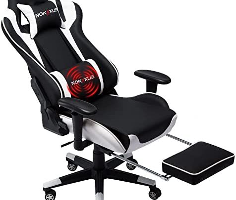 Gaming Chair Large Size High-Back Ergonomic Racing Seat with Massager Lumbar Support and Retractible Footrest PU Leather 90-180 Degree Adjustment…