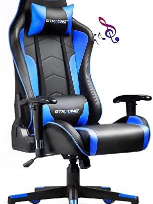 Gaming Chair with Speakers Bluetooth Music Video Game Chair Audio Ergonomic Design Heavy Duty Office Computer Desk Chair（Blue）