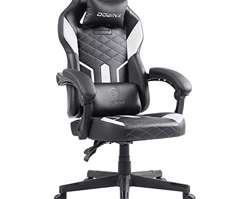 Dowinx Gaming Chair with Pocket Spring Cushion, Ergonomic Computer Chair High Back, Reclining Massage Game Chair Pu Leather 350LBS, White