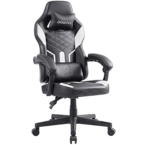 Dowinx Gaming Chair with Pocket Spring Cushion, Ergonomic Computer Chair High Back, Reclining Massage Game Chair Pu Leather 350LBS, White