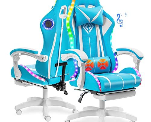Geepro Gaming Chair Massage with Speakers Bluetooth Ergonomic Computer Chair Cute with Footrest LED RGB Lights High Back Music Video…
