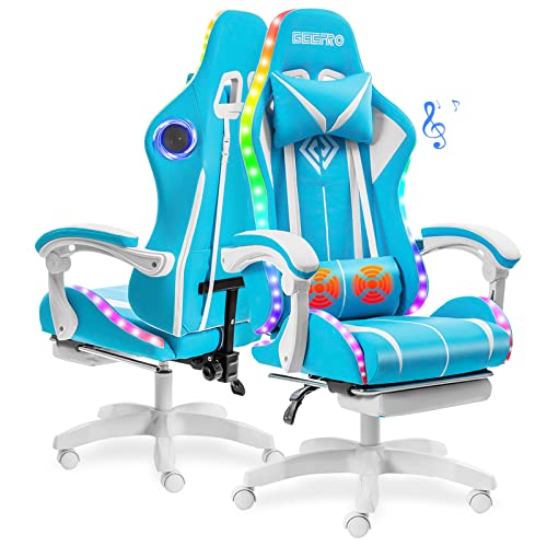 Geepro Gaming Chair Massage with Speakers Bluetooth Ergonomic Computer Chair Cute with Footrest LED RGB Lights High Back Music Video…