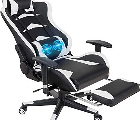 Gaming Chair with Footrest – Massage Ergonomic Office Computer Game Racing E-Sports Chair Lumbar Massage Pillow Footrest Headrest High-Back Leather…