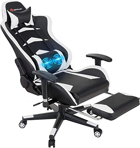 Gaming Chair with Footrest – Massage Ergonomic Office Computer Game Racing E-Sports Chair Lumbar Massage Pillow Footrest Headrest High-Back Leather…