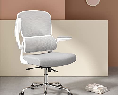 Logicfox Ergonomic Office Chair, Comfortable Office Chair with Flip-up Arms, Adaptive Lumbar Support, Mesh Computer Chair with Thick Cushion, White…