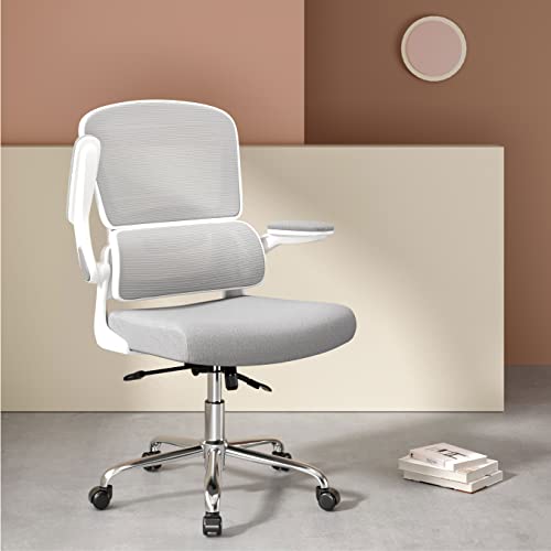 Logicfox Ergonomic Office Chair, Comfortable Office Chair with Flip-up Arms, Adaptive Lumbar Support, Mesh Computer Chair with Thick Cushion, White…
