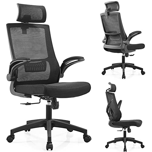Kilosit Office Task Desk Chair Ergonomic Small Home Comfort Chairs Swivel Mesh Computer Chair with Flip-up Arms,for Adults,Black