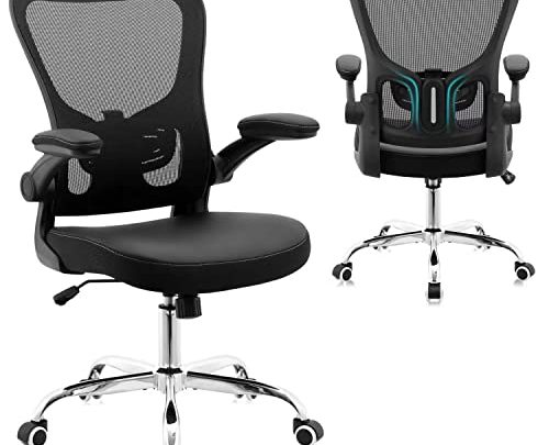 Office Chair,PU Cushion Ergonomic Desk Chair,Mesh Mid Back Height Computer Chair,Flip-up Armests Home Computer Chair,Adjustable Lumbar Support Task Chair with…