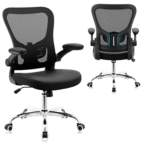 Office Chair,PU Cushion Ergonomic Desk Chair,Mesh Mid Back Height Computer Chair,Flip-up Armests Home Computer Chair,Adjustable Lumbar Support Task Chair with…