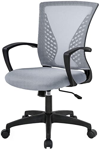 Home Office Chair Mid Back PC Swivel Lumbar Support Adjustable Desk Task Computer Ergonomic Comfortable Mesh Chair with Armrest (Grey)