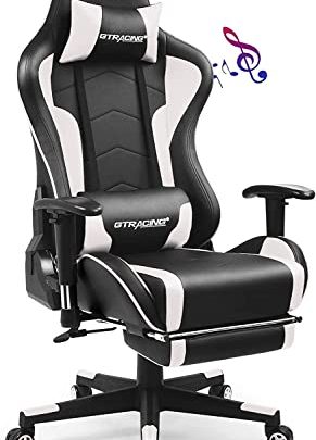 Gaming Chair with Footrest and Bluetooth Speakers Music Video Game Chair Heavy Duty Ergonomic Computer Office Desk Chair (Black-White)