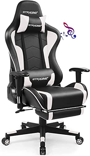Gaming Chair with Footrest and Bluetooth Speakers Music Video Game Chair Heavy Duty Ergonomic Computer Office Desk Chair (Black-White)