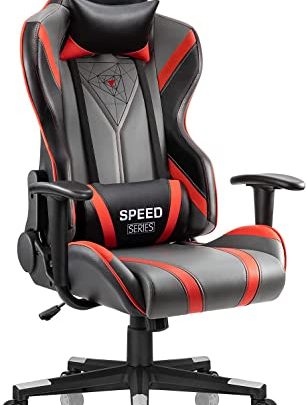 Gaming Racing Office High Back PU Leather Computer Desk Executive and Ergonomic Swivel Chair with Headrest (Red&Gray)