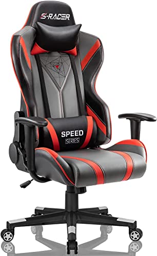 Gaming Racing Office High Back PU Leather Computer Desk Executive and Ergonomic Swivel Chair with Headrest (Red&Gray)