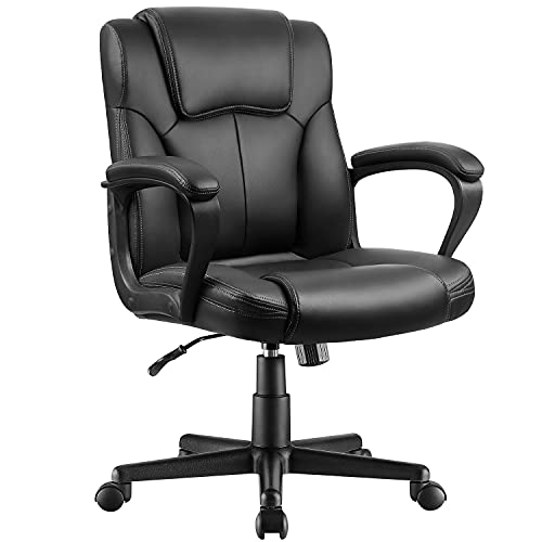 Pawnova Executive Office Chair Mid Back Swivel Computer Task, Ergonomic Leather-Padded Desk Seats with Lumbar Support,Armrests, Black