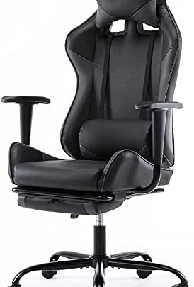 Office Gaming Chair, PU Leather Computer Chair, Comfortable Swivel Task Home Office Desk Chair High Back with Adjustable Footrest, Black/Grey