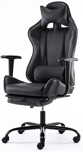 Office Gaming Chair, PU Leather Computer Chair, Comfortable Swivel Task Home Office Desk Chair High Back with Adjustable Footrest, Black/Grey